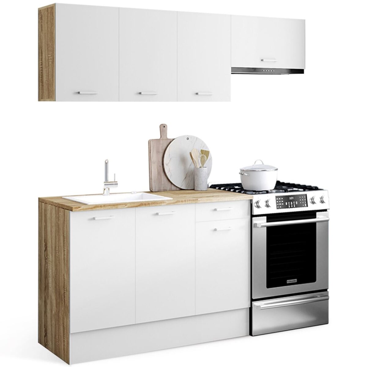 SUBTIL Complete Kitchen, 180 cm, 5 Elements with Wooden Worktop and White Finish – Image 1