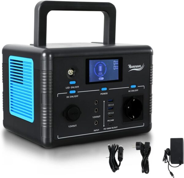 NOVONOVA Portable Solar Generator – 518 Wh / 500 W, Energy Station, Emergency Battery with Bluetooth and USB, Outdoor Camping Model SY-CN001